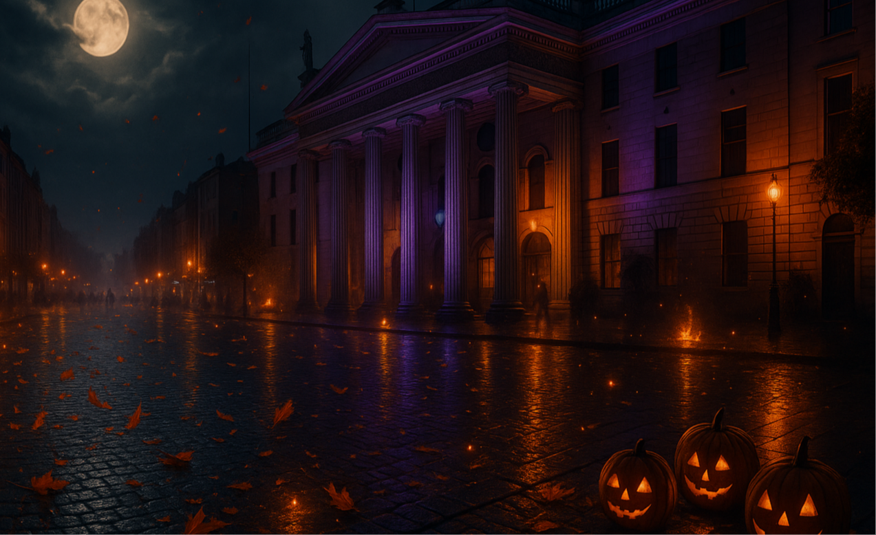 Spooky Halloween scene with pumpkins, a full moon, and a historic building at night.